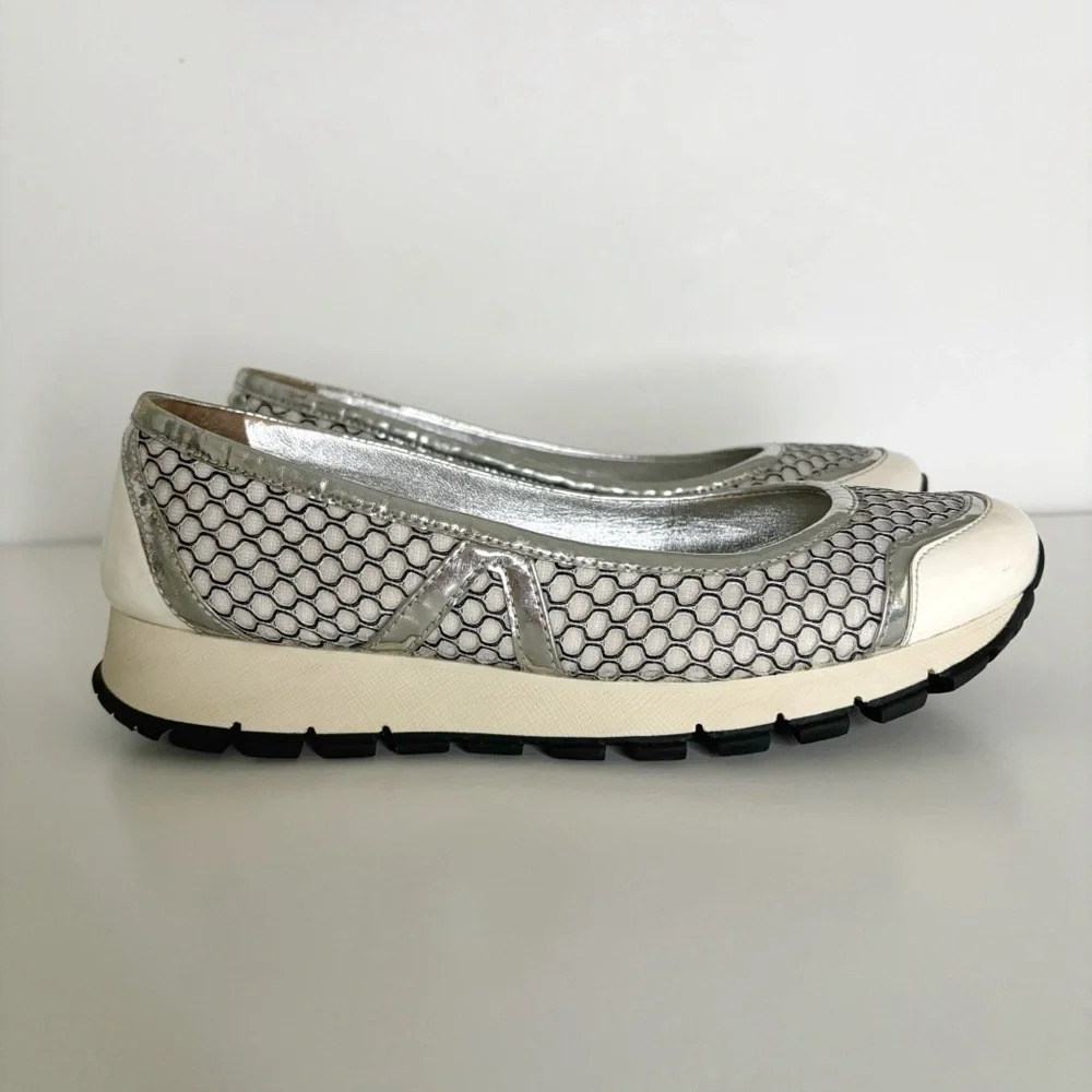Prada Sport Ballet Shoes Trainers Metallic Mesh Patent Leather Size 36.5 Vintage